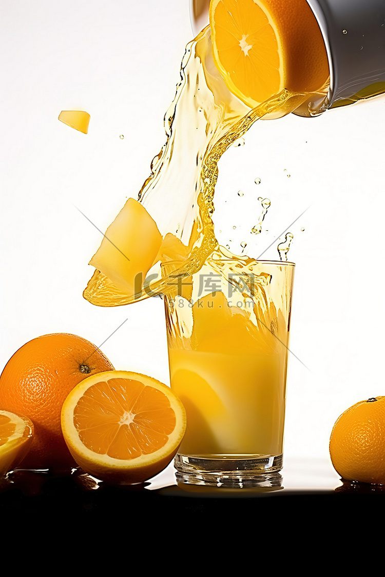 橙汁被倒入周围的玻璃杯中