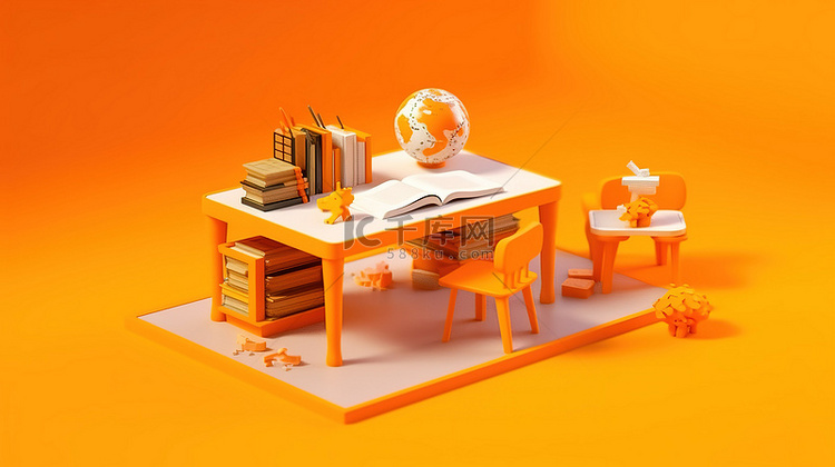 橙色背景下的 3D 教科书和学