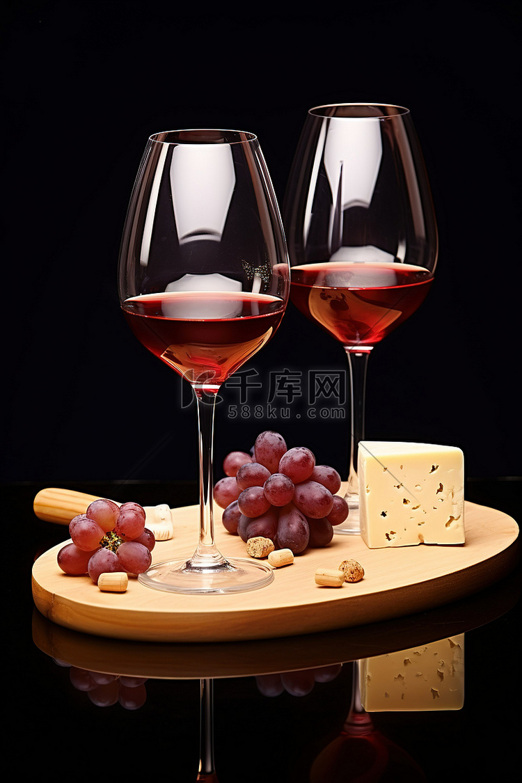 酒杯套装，配有奶酪和葡萄