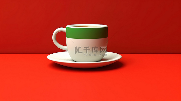 红色和绿色背景下的白咖啡杯的 
