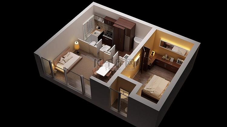 以 3D 插图呈现的一室公寓
