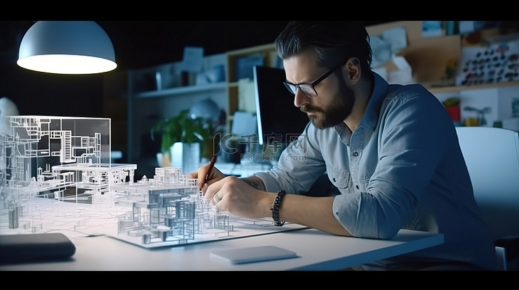 集中建筑师在办公桌上使用 3D
