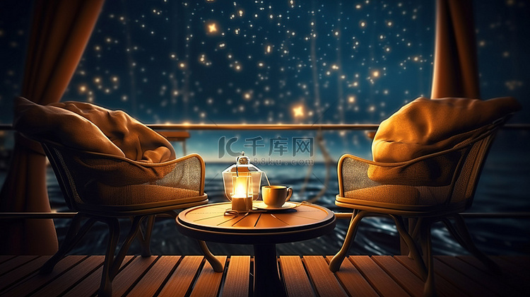 甲板上的夜晚星光 扶手椅和咖啡
