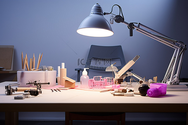 一张桌子，上面有玩具和工具