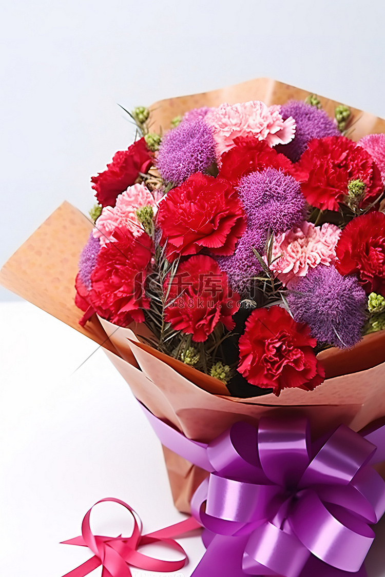 带有红玫瑰和康乃馨的紫色花束