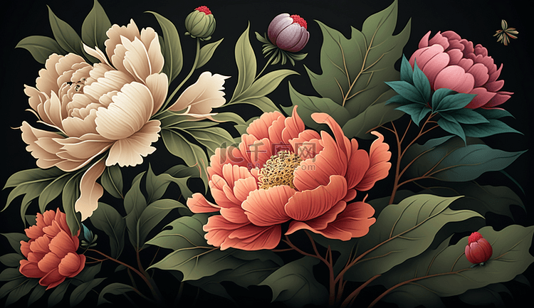 盛开的牡丹花复古装饰画花卉海报