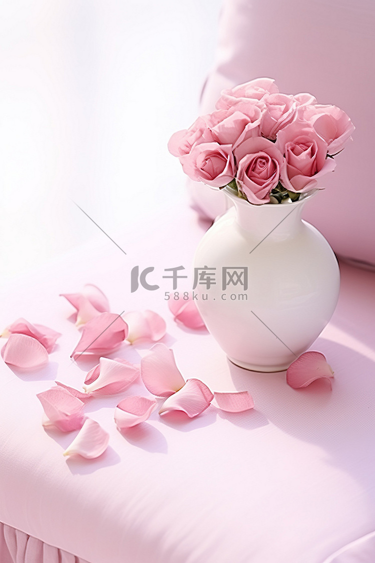 白桌上的小花瓶和粉红色的花朵，