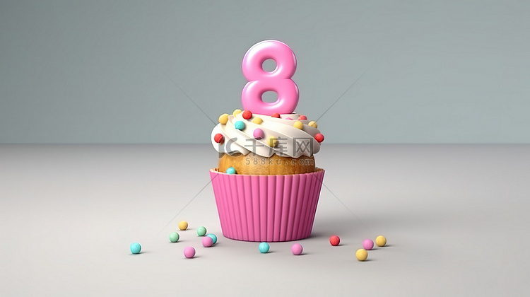 3D 渲染纸杯蛋糕庆祝 9 岁生日