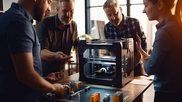 三名男子聚集在 3D 打印机周围