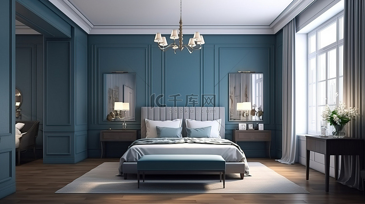 令人惊叹的复古蓝色酒店卧室套房
