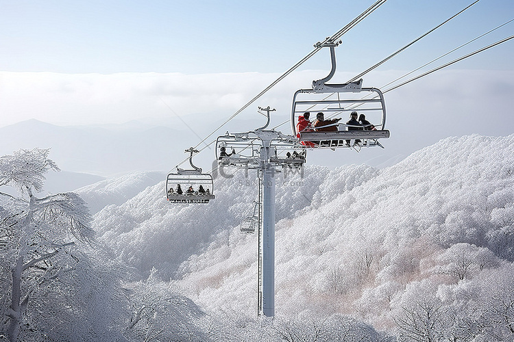 中国北方的滑雪缆车，冬天里有人