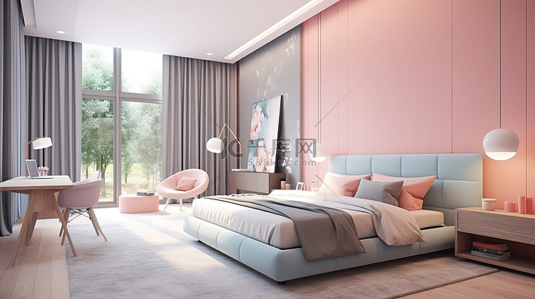 卧室和客厅设计的柔和 3D 效果图