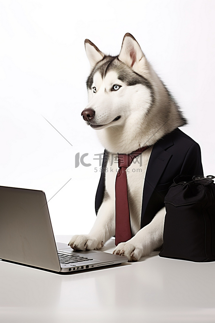 西伯利亚哈士奇狗与西装和笔记本