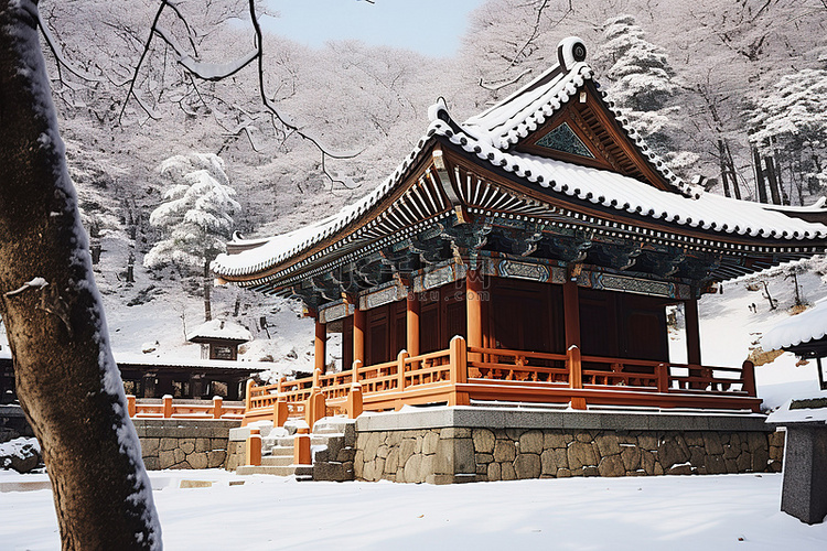 一座坐落在雪地之中的寺庙