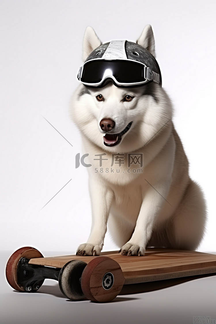 戴着头盔在滑板上的哈士奇狗