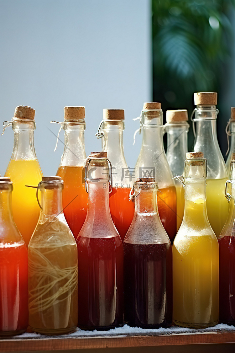 在活动期间坐着不同的彩色瓶装饮