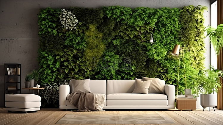 带垂直花园和绿色墙壁 3D 渲