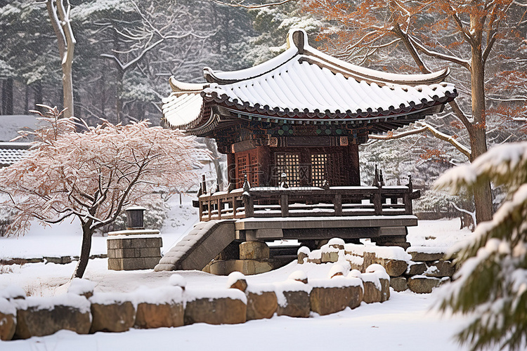 韩国传统韩屋 d 在雪中的德山