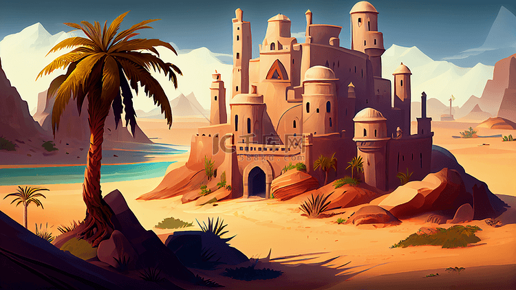 建筑沙漠城堡插画背景