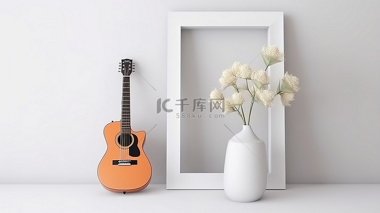 带花柜和吉他的白墙上相框模型的