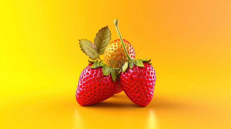 黄色低聚背景下草莓的 3d 插图