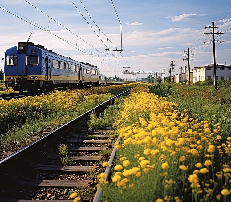 一列火车沿着草地附近的铁轨行驶