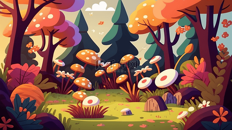 蘑菇大树卡通插画