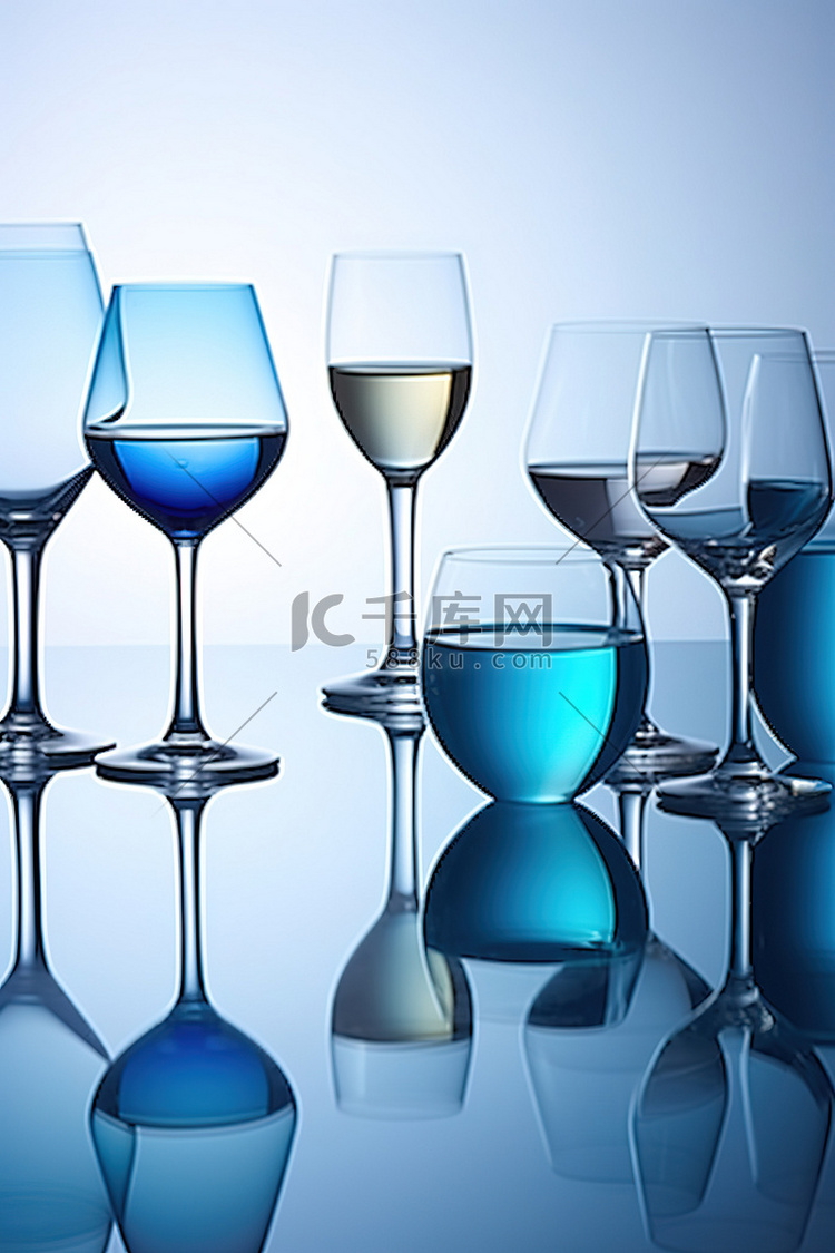 蓝色酒杯器皿排列在平板上