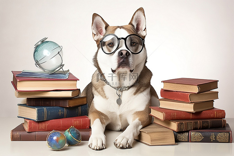 戴着眼镜的狗坐在一堆书旁边的地