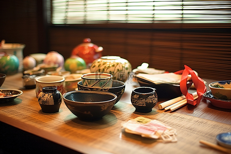 一张桌子，上面有一些碗和装饰品