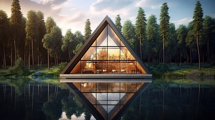 适合露营的湖滨三角小屋的 3D