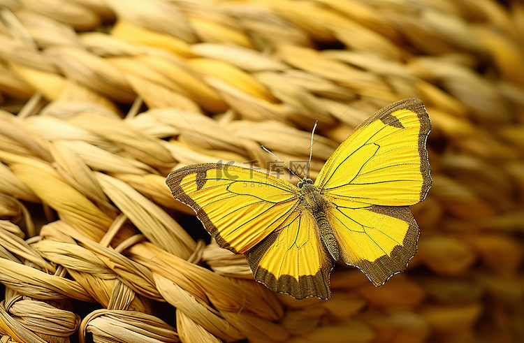 一只黄色的蝴蝶栖息在编织的篮子