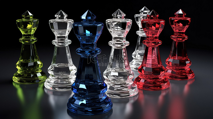 孤立的 3d 渲染中的水晶国王棋子