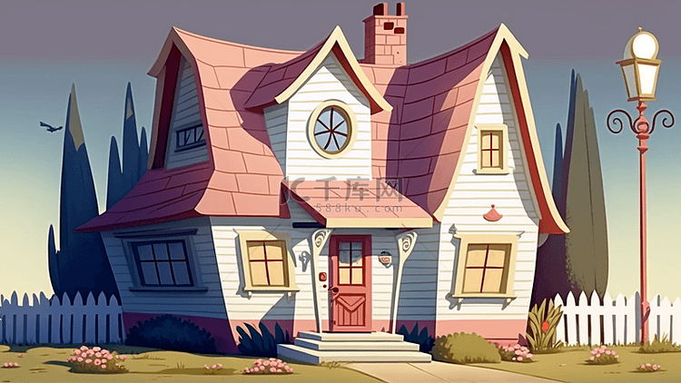 房子卡通红色围栏背景
