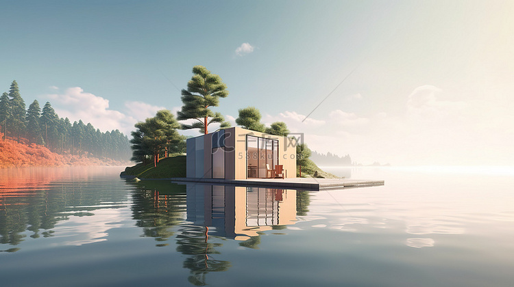 夏季湖滨景观简约住宅的 3D 插图