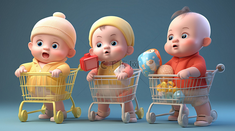 可爱的3D卡通婴儿享受疯狂购物