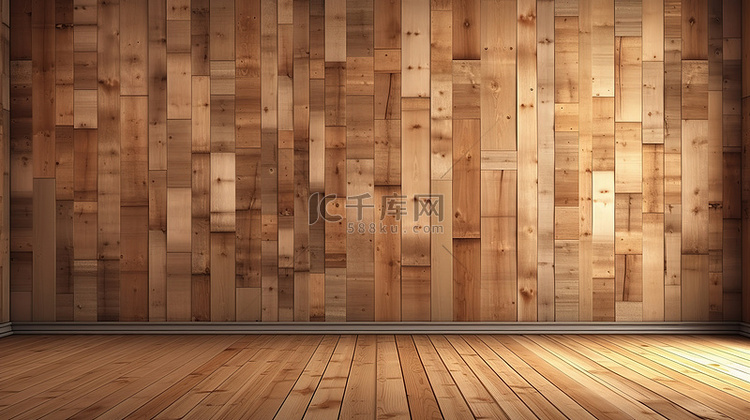 背景为木墙板的空房间的 3D 渲染