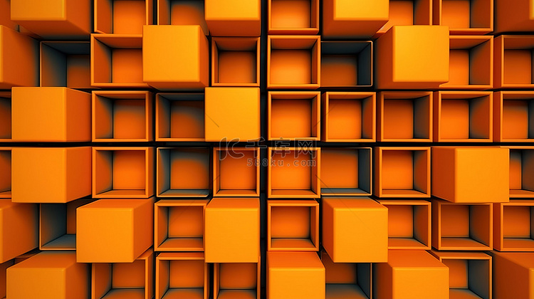 单色几何背景与橙色 3d 方形图案