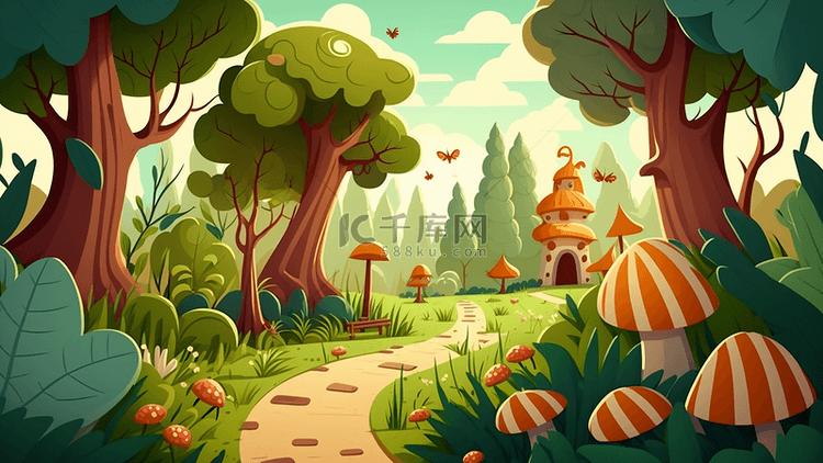 森林小路蘑菇卡通背景