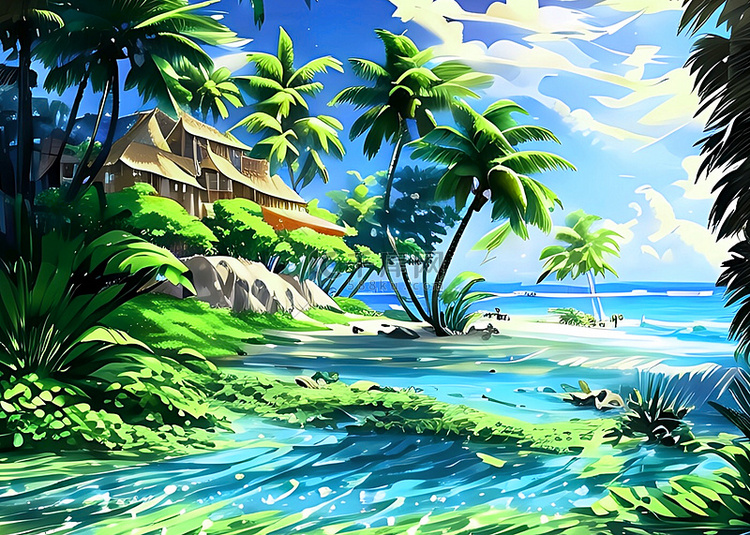大海海滩椰子树背景