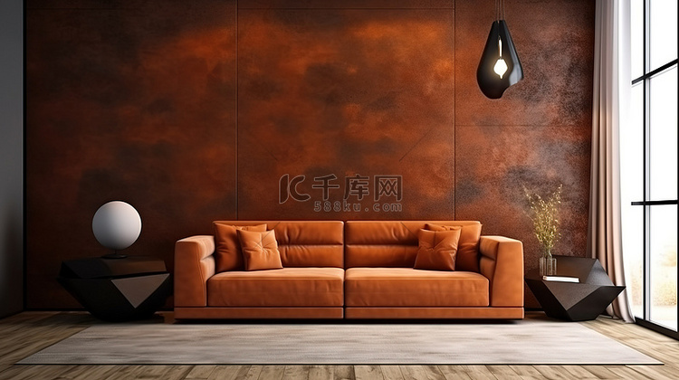 时尚现代室内棕色沙发和装饰墙背