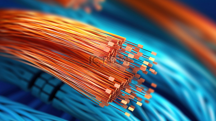 蓝色背景与橙色光纤电缆的 3d