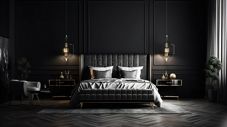 黑墙 3d 渲染上优雅的豪华卧室