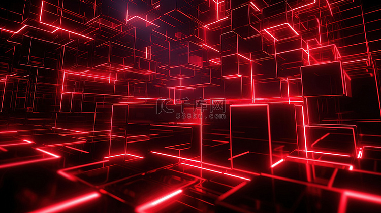 红色霓虹灯方形抽象的未来高科技