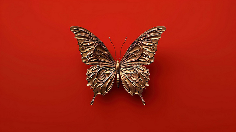 红色背景与 3d 青铜蝴蝶