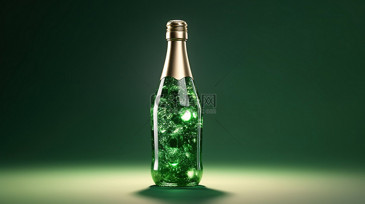 漂浮在绿色空间中的孤立香槟瓶的