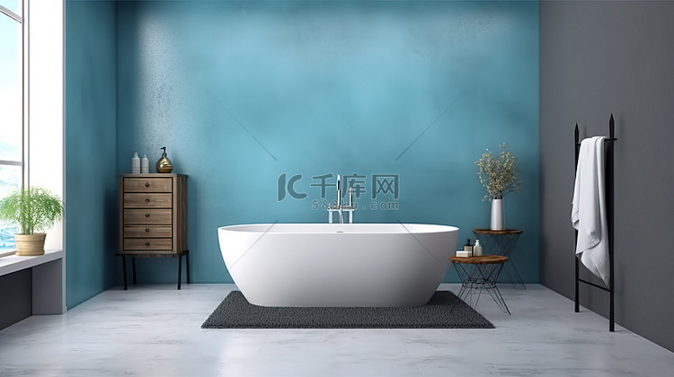 现代蓝色浴室设计，配有混凝土地