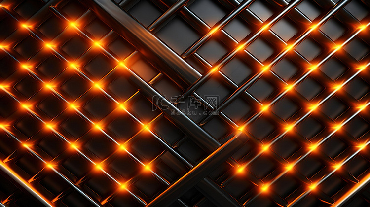 橙色点亮黑色碳网格抽象背景的高