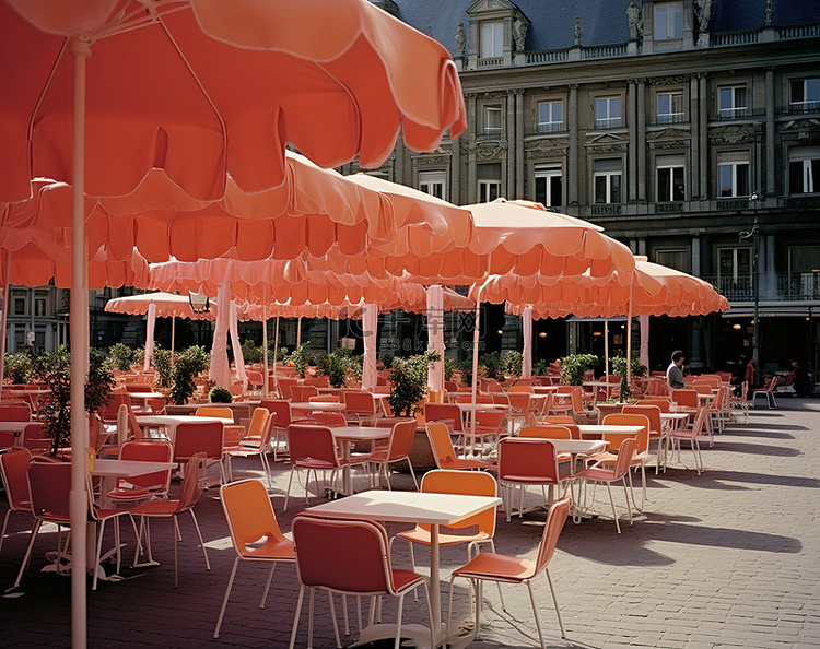 有橙色遮阳伞的露天咖啡馆