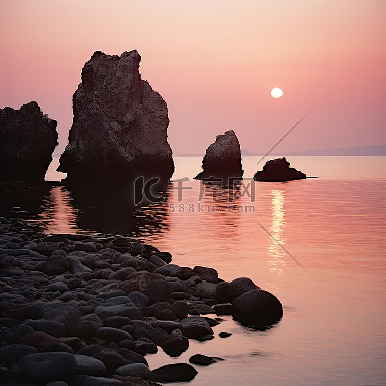 巨大的岩石矗立在水体边缘，夕阳